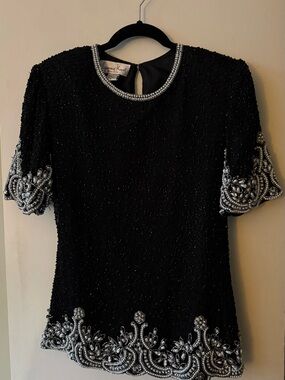 Vintage Laurence Kazar Black Dress with Pearl and Silver Beaded Trim